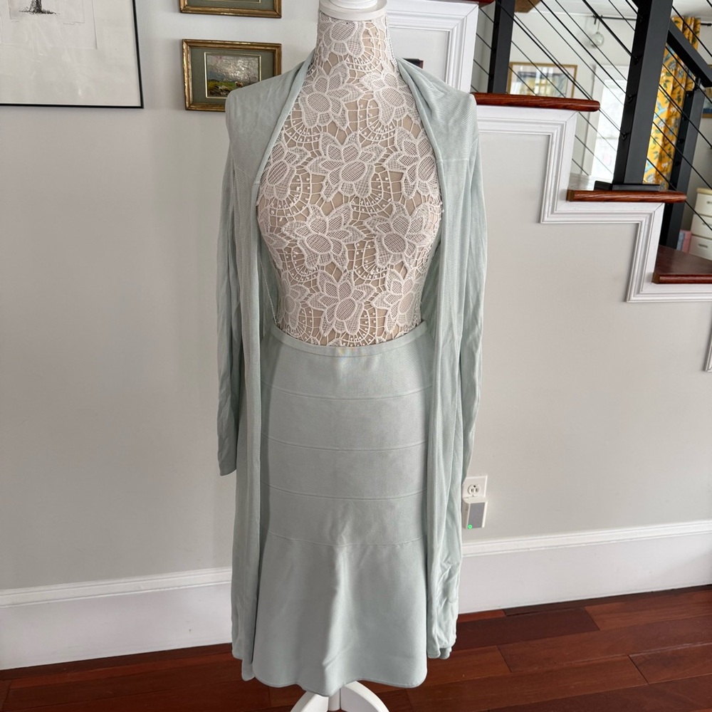 Herve Leger Mint Green Draped Robe and Fitted Skirt Set
